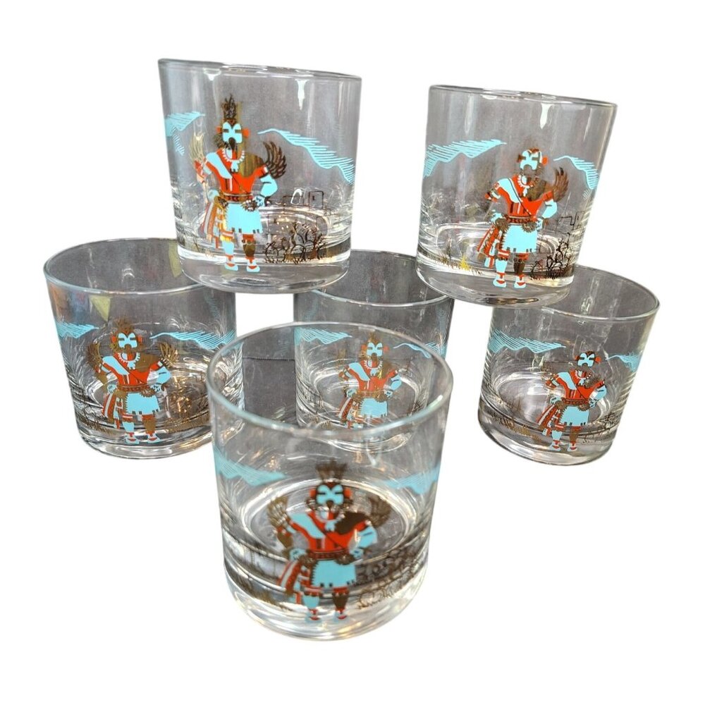 Vtg. Set of 6 Couroc Hopi Kachina Lowball Whiskey Glasses Cocktail MCM Barware